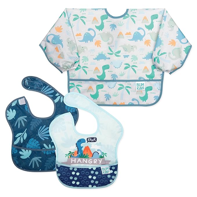 Bumkins - SuperBibs + Sleeved Bib - For Boys & Girls, Babies & Toddlers 6-24 Months - Lightweight, Durable, Waterproof - Catch-All Pocket - Wipeable & Machine Washable - Always Hangry Dinosaur -3 Pack