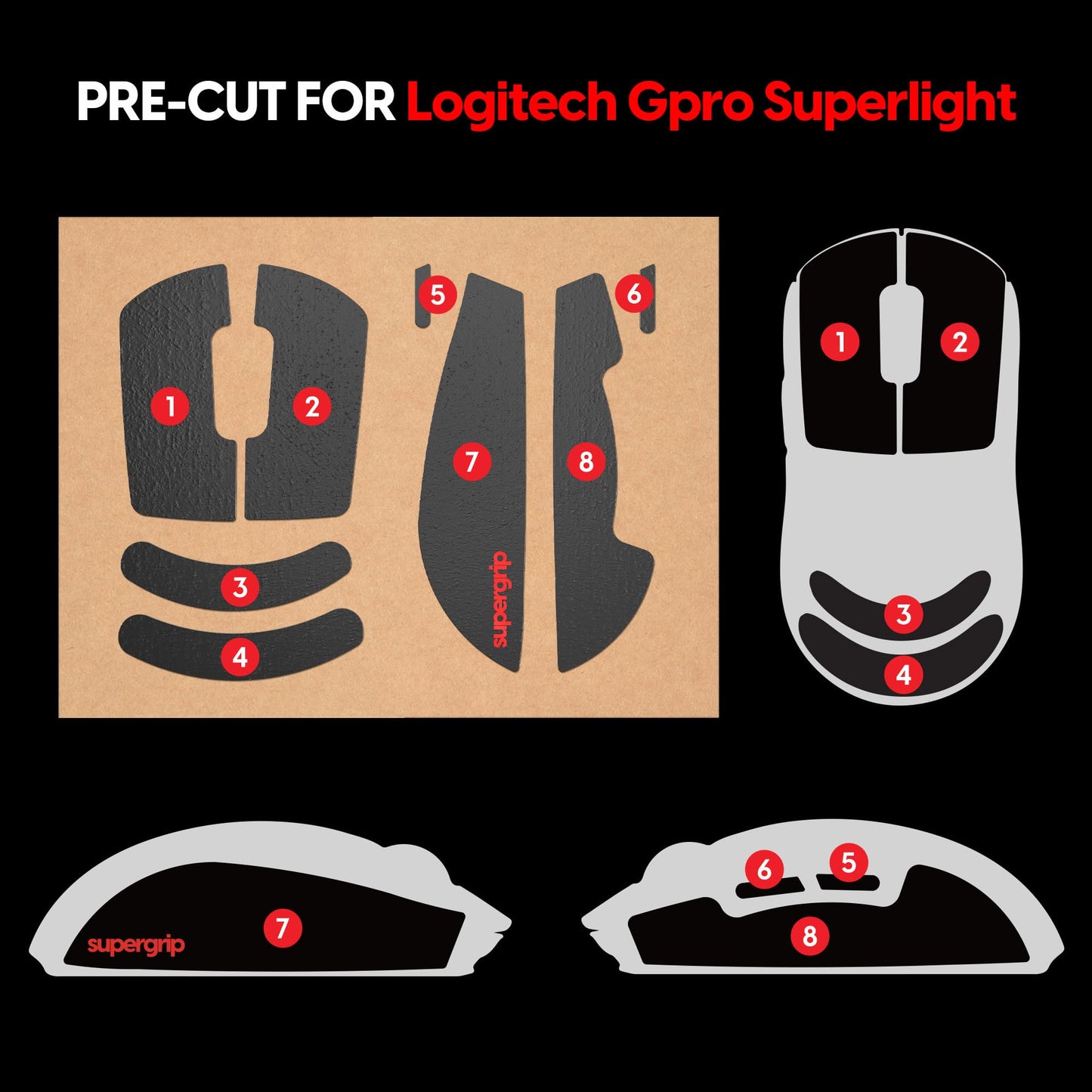Pulsar Gaming Gears SUPERGRIP Griptape Set for Logitech G Pro X Superlight, Superlight 2 Sweat Absorbing High Performance Anti Slip 3M Adhesive no Residue Mouse Grip Tape Ultra-Thin 0.5mm (0.02in)