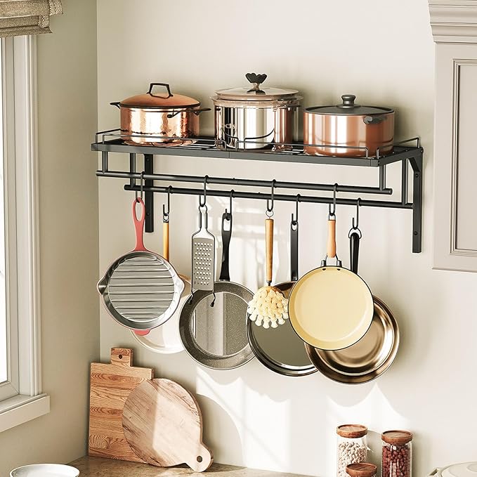 Hanging Pot Rack, Wall-Mounted Pot Rack, Kitchen Cookware Organizer, Metal Pot and pan Organizer Holder, for Cookware, Utensils Organization, Black TPR38BB