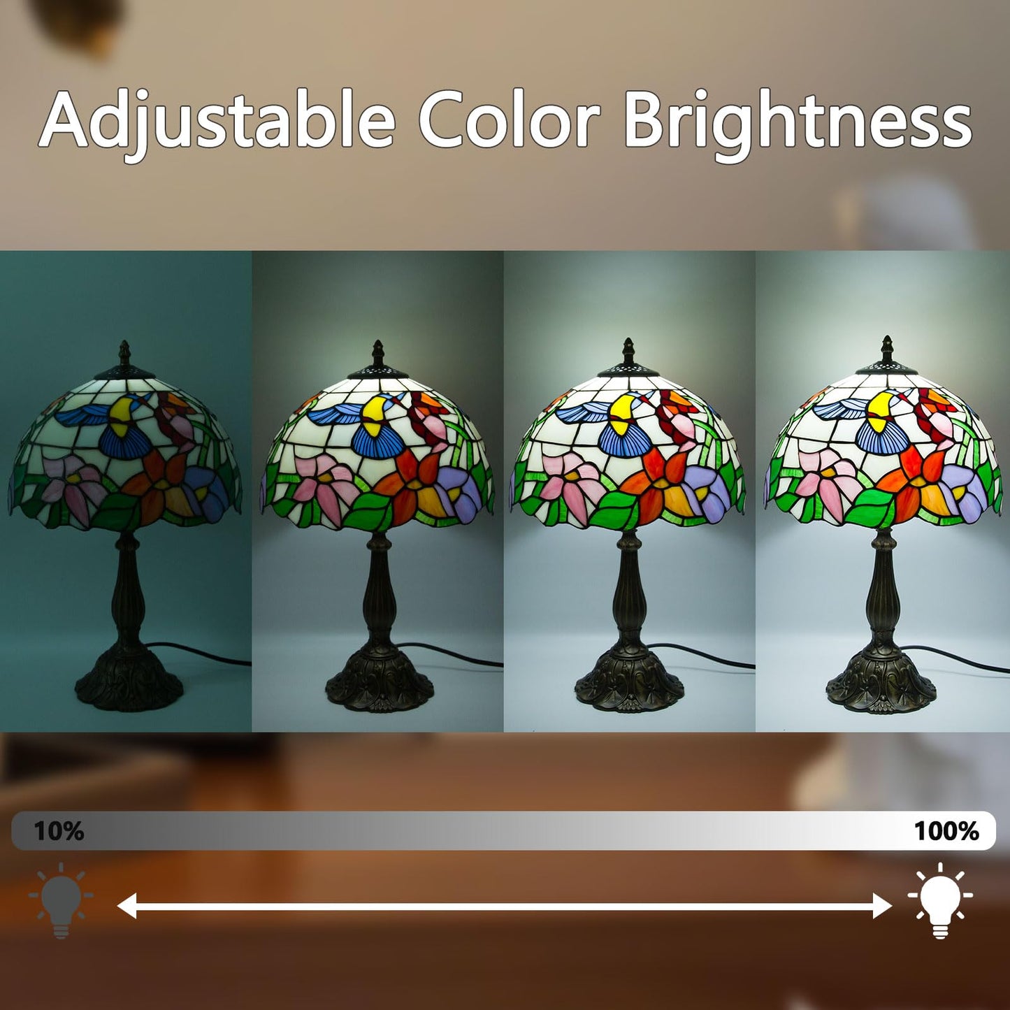 Crefotu 12 Inch Tiffany Table Lamp, Stained Glass, Remote Control, Dimmable Brightness, Hummingbird, Model CFLP-0003