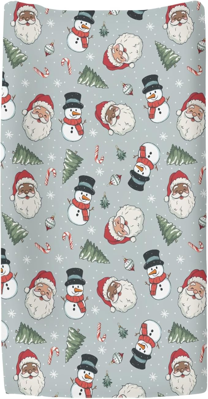 Cute Santa Claus Christmas Trees Baby Changing Pad Covers for Boy Girl Red Santa Snowman Candy Fitted Changing Table Cover Mats Winter Holiday Festive Soft Diaper Change Table Cover Sheets 32''×16''