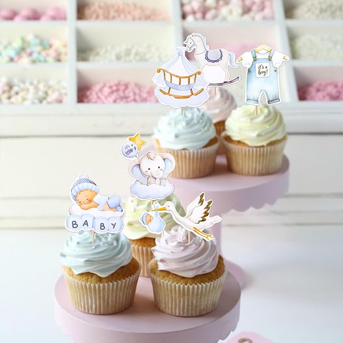Rsstarxi 36 Pack Baby Cupcake Toppers - Boy Shower Decorations, Swan Elephant 'It's a Boy' Picks for Baby Boys Birthday Party Cake Decorations