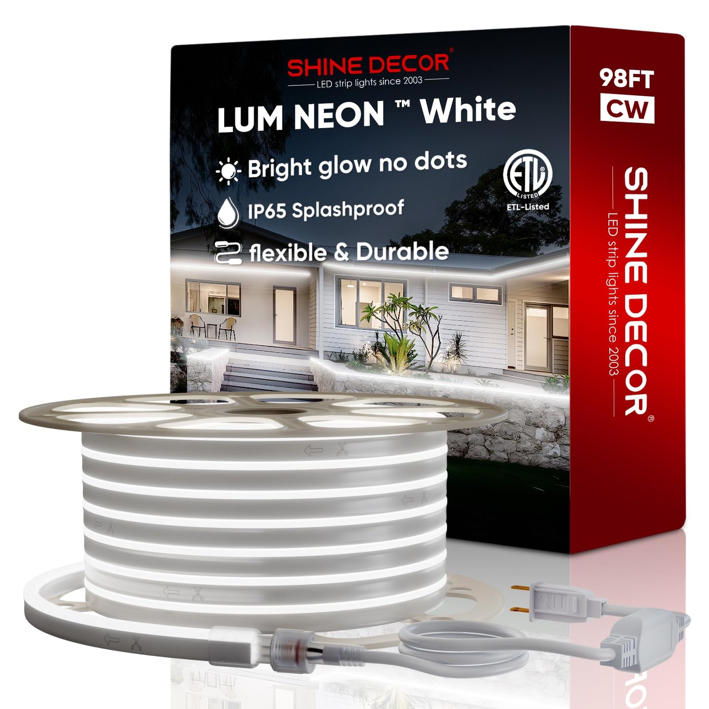 Shine Decor LED Neon Rope Lights, 98.4FT Cool White, Waterproof SMD2835, Cuttable, Indoor/Outdoor Ambiance Lighting