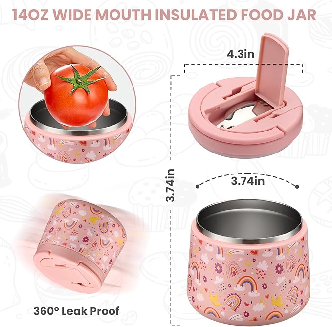 Kids Thermo for Hot Food, 14oz Insulated Soup Jar, Stainless Steel Lunch Box with Leakproof Lid & Spoon, Vacuum Insulated Bento Container (Rainbow)