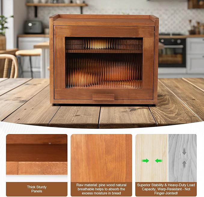 Bread Box for Kitchen Countertop Container Bin 2 Layer Wooden Bread Storage Adjustable Shelf Holder Large Capacity Modern Farmhouse Food Organizer Acrylic Window (Brown)