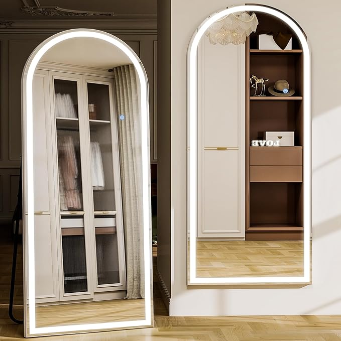 GLSLAND 26"x68" Arched LED Full Length Mirror with Lights Wall Mounted/Standing, Dimmable Floor Lighted Mirrors W/Anti-Fog, Touch Control for Bedroom, Dressing Room