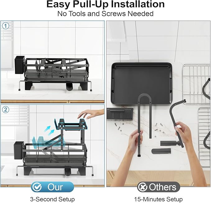 GSlife Large Dish Drying Rack - Extendable 2-in-1 Dish Racks for Kitchen Counter or Over Sink, 2 Tier Dish Drainer with Drainboard, Cups Holder and Utensil Holder, 14.4"-22.4" L x 16.9" W, Black
