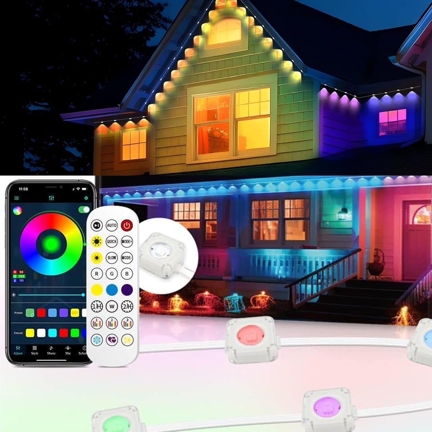 HConce RGB-IC LED Eaves Lights, 150ft, IP67 Waterproof, Smart App & Remote Control, Multicolor, Model: Eaves Lights-hc-FT01