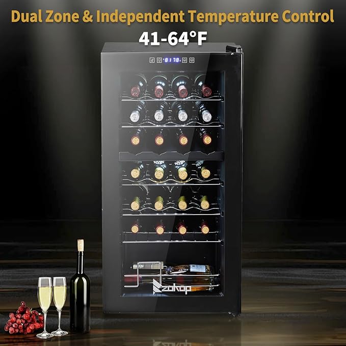 Winado 28-Bottle Dual Zone Compressor Wine Cooler, Freestanding Compact Mini Wine Fridge with Adjustable Temperature, Digital Control & Removable Shelves for Wine Storage