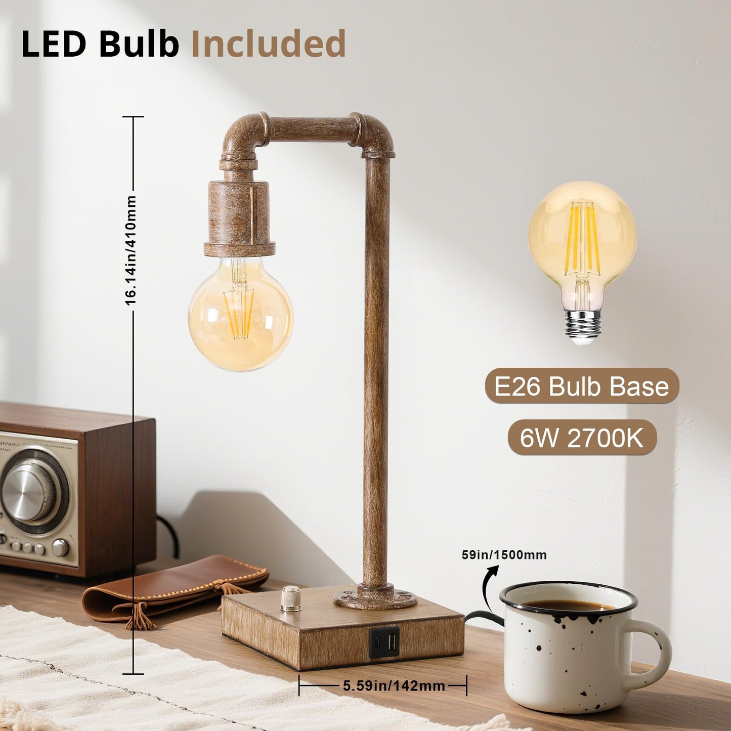 Seaside Village Steampunk Table Lamp with USB Ports, Dimmable, 5.59inx5.59inx16.14in, Brushed Rustic Wood, Model SG-Lamp-S-RW