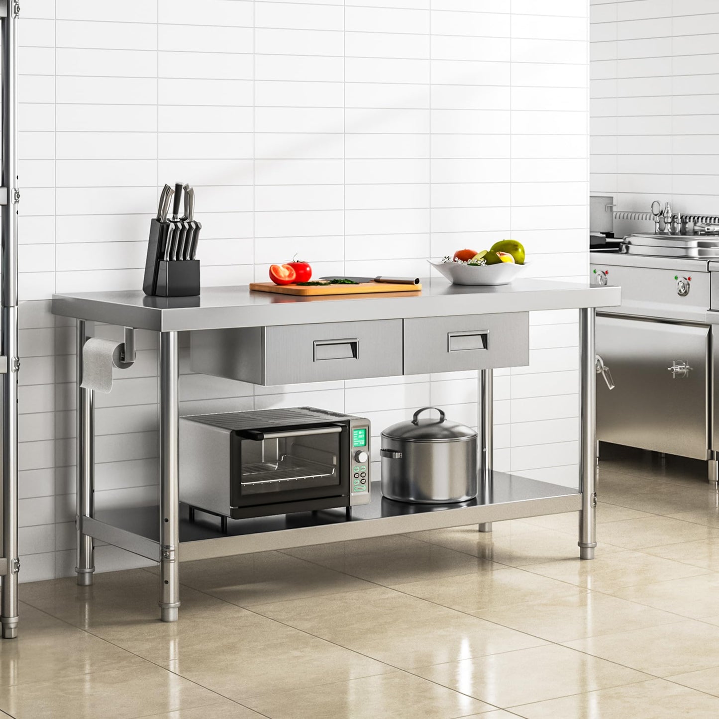YITAHOME 60" X 24" Stainless Steel Table with Paper Towel Holder and 2 Drawers, NSF Work Table with Drawer, Metal Table Prep Table for Home Kitchen Restaurant Garage Warehouse