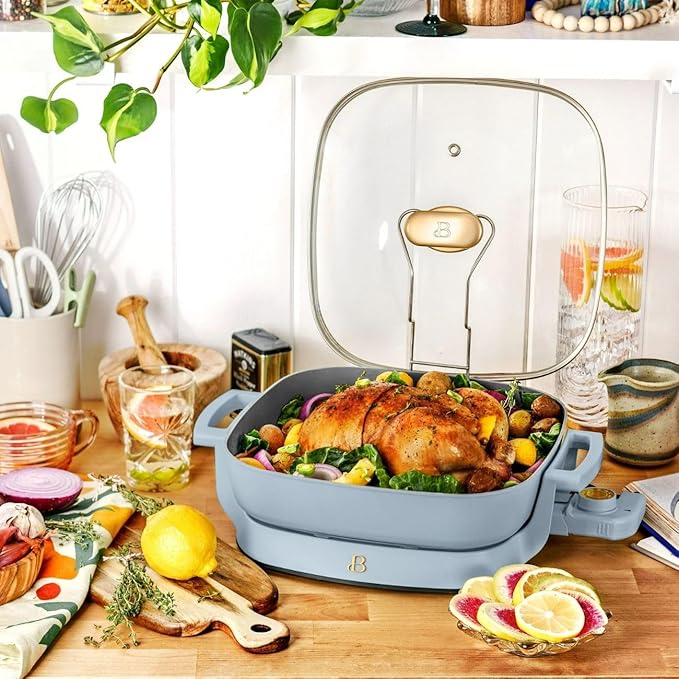 Beautiful 5-in-1 Electric Skillet 7QT, Cast Aluminum Extender, Nonstick, 1500W, Dishwasher-Safe Lid, Slow Cook, Steam (Cornflower Blue)