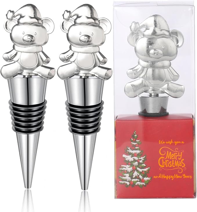 Set of 3 Metal Reusable Bear Wine Bottle Stoppers for Wine, Champagne - Christmas Decorative Party Favor