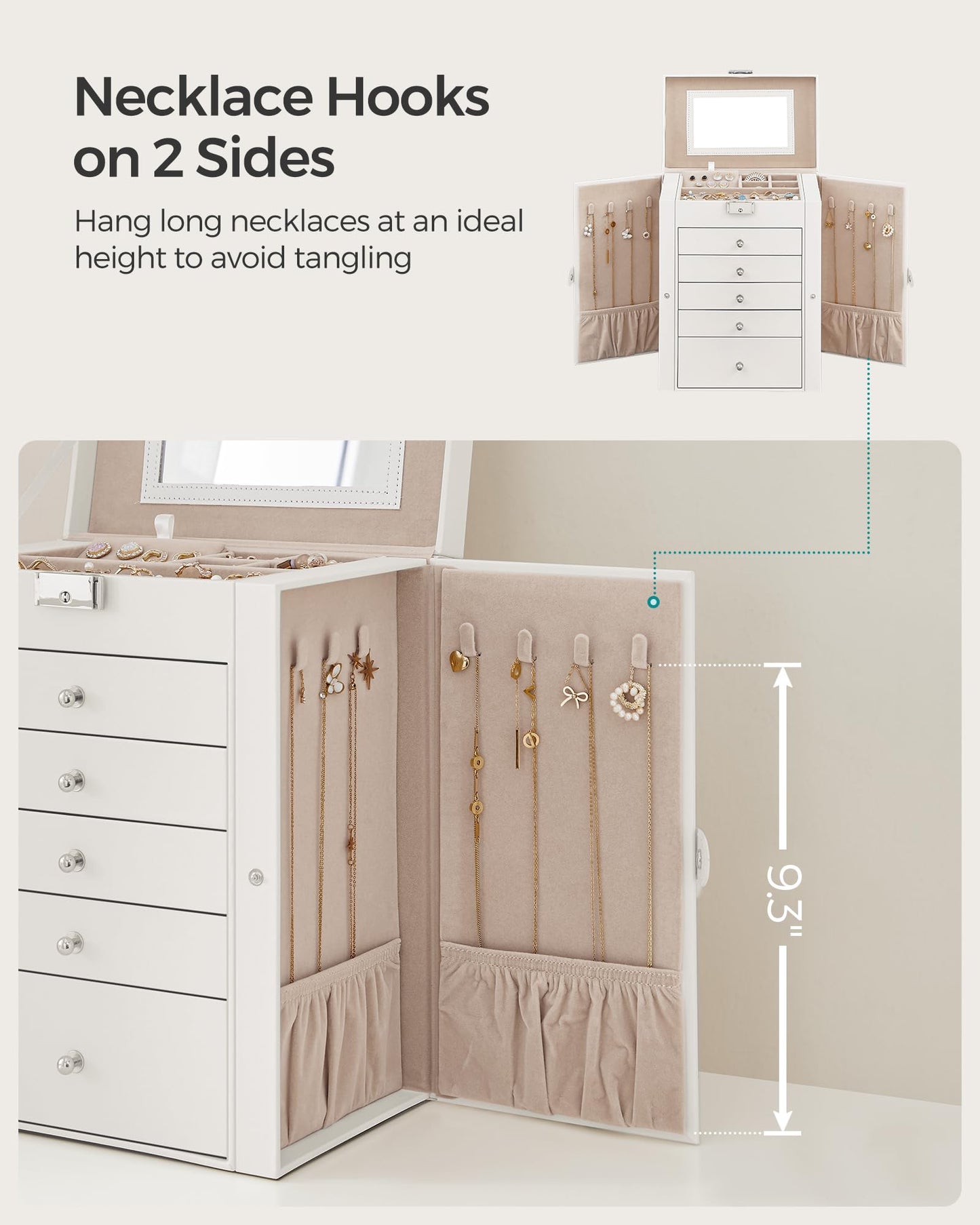 SONGMICS 6 Tier Jewelry Box, Jewelry Storage Organizer with 5 Drawers, Large Storage Capacity, with Mirror, Lockable, Jewelry Ca