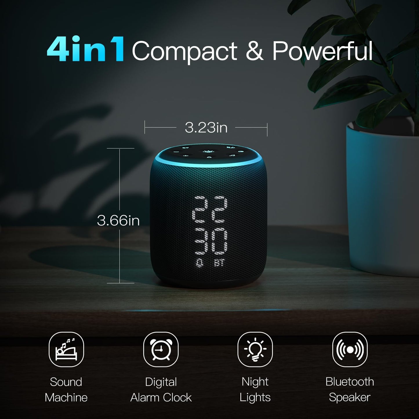 REACHER Sound Machine Alarm Clock for Kids, Portable Sound Machine for Sleep Friendly, Small Rechargable Bluetooth Alarm Clock for Travel, Glow Night Light for Bedroom Nursery Travel Dorm Bedside