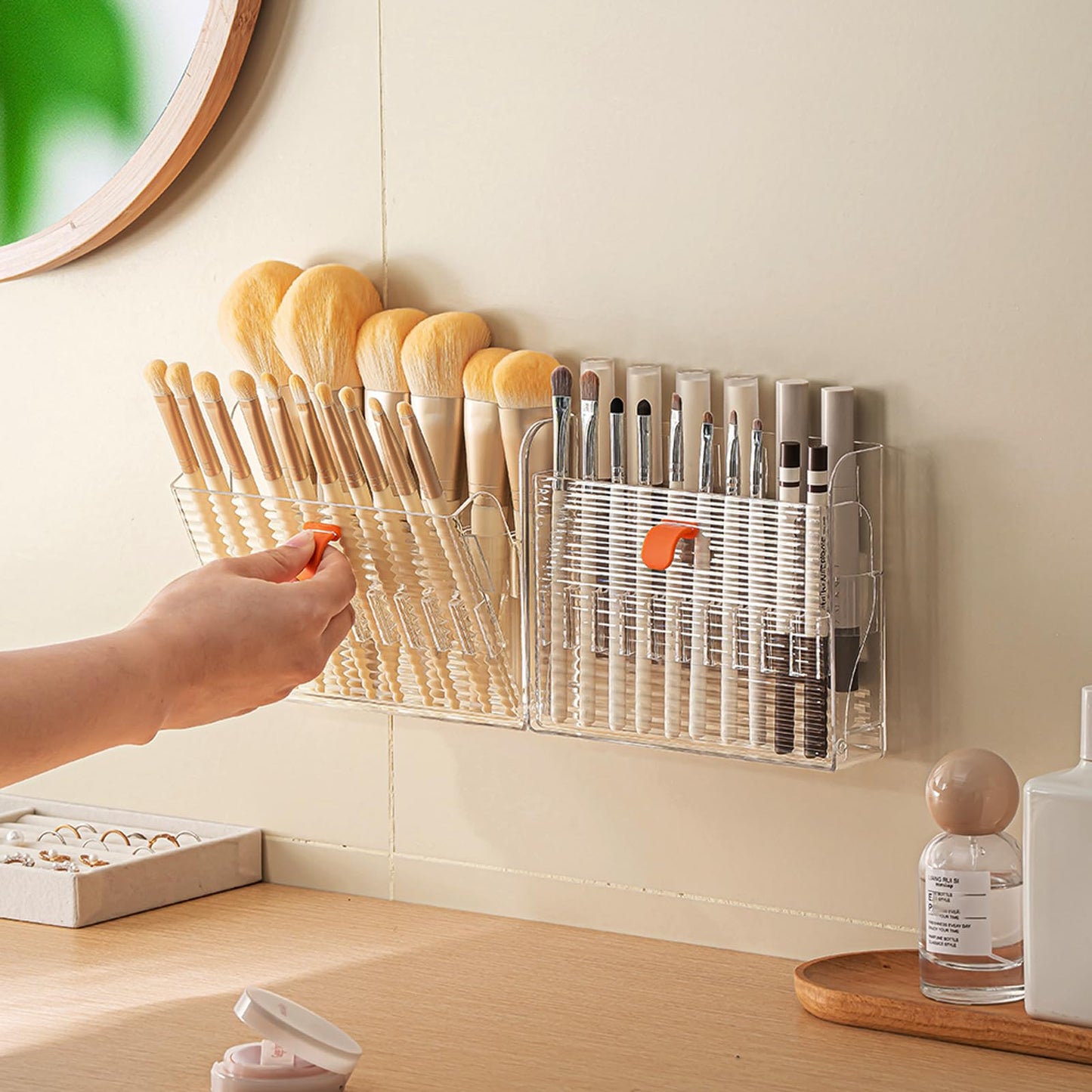 MORNITE Wall-Mounted Makeup Eyeliner Lip Liner Organizer Holder, 16-Slot Cabinet Storage for Brush, Makeup Pencils, Concealer Pe