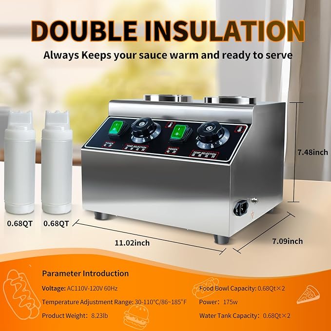 KOOTEN Cheese Warmer Electric Sauce Bottle Warmer Hot Chocolate Warmer and Dispenser 0.68x2 Qt Commercial Hot Fudge Warmer 86-185℉Sauce Warmer Dispenser,Double Bottles Nacho Cheese Warmer