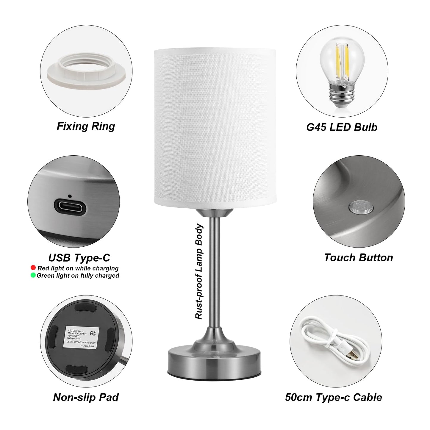 Touch Control Cordlss Table Lamp  Usb-C Rechargeable Lamp With Stepless Dimming  4000Mah Battery Operated Bedside Lamp For Bedroom  Living Room  Night Light & Emergency Lighting  Silver  1 Pack