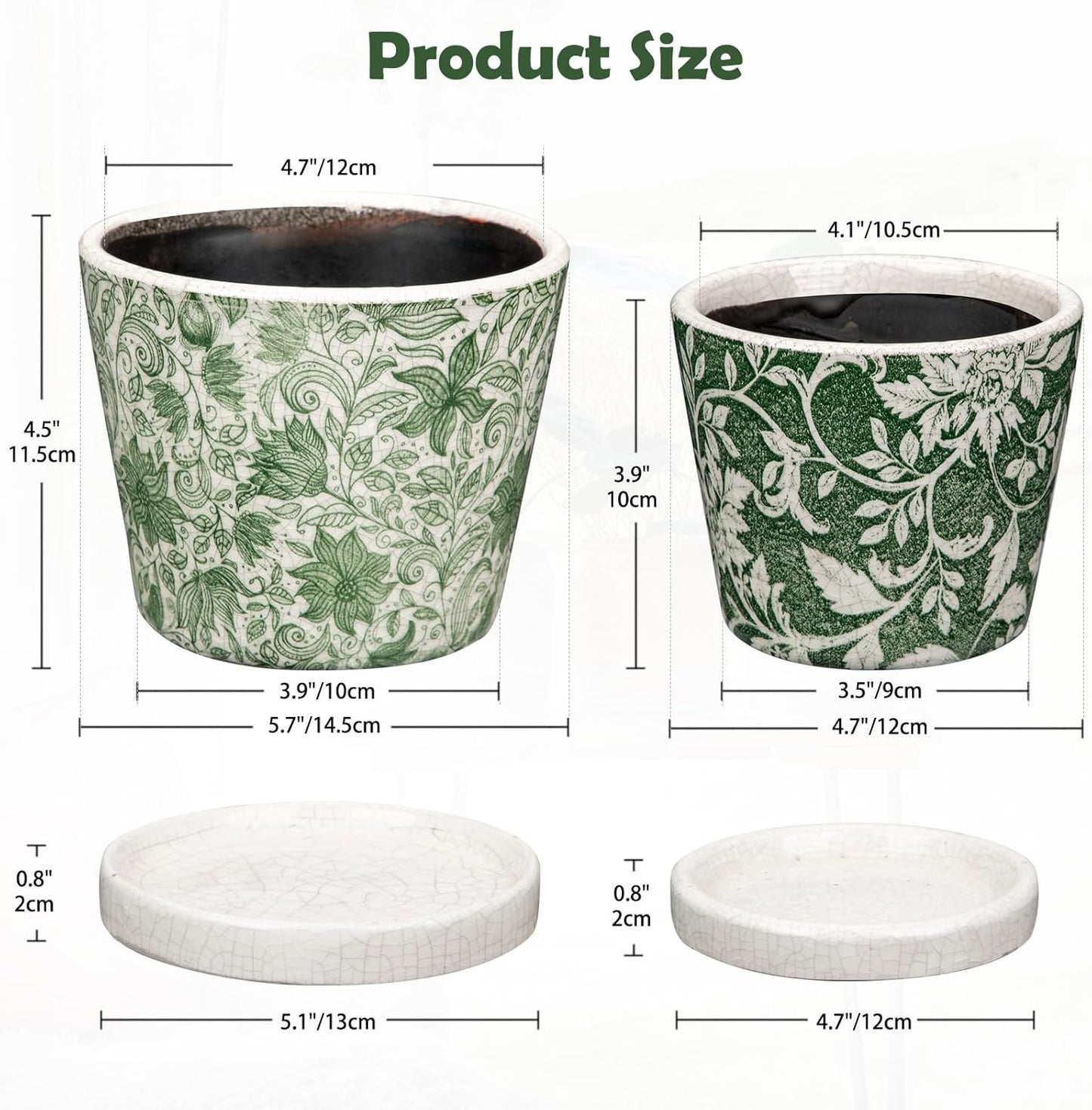 Set of 2 Ceramic Green Plant Pots with Drainage Hole and Saucers, Vintage Farmhouse Accent Planters for Indoor Plants, Round Flower Pots Rustic Succulent Cactus Pots Terracotta Tubs 5.7/4.7 Inch