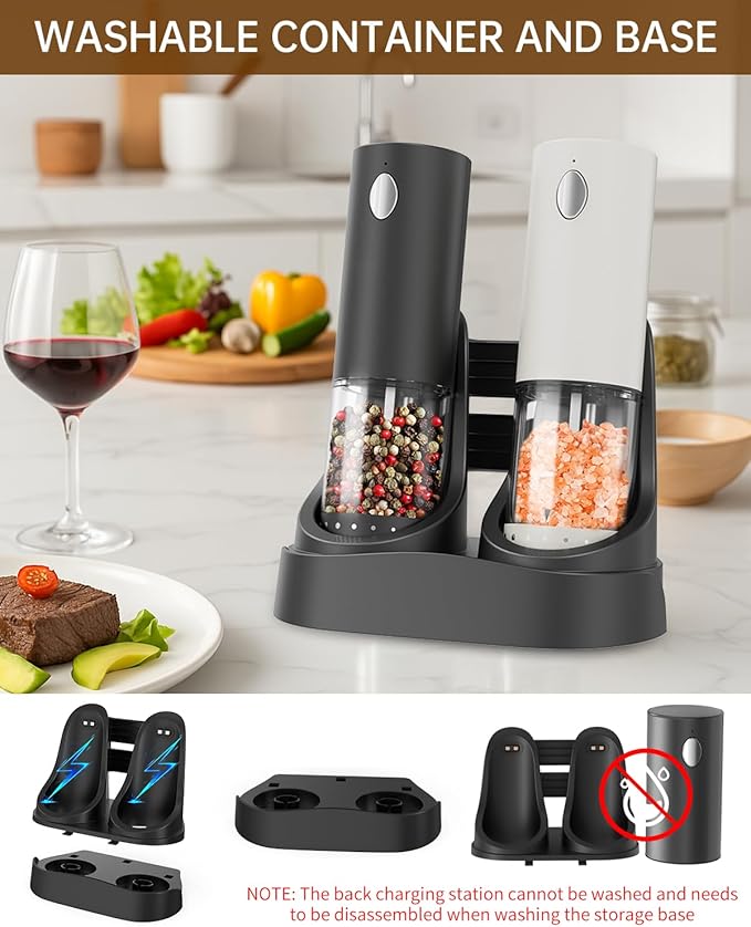 CIRCLE JOY Electric Salt and Pepper Grinder Set Automatic Salt and Pepper Mills Set with Easy-to-Carry Charging Base and LED Light, USB Rechargeable, Upgrade External Adjustable Coarseness