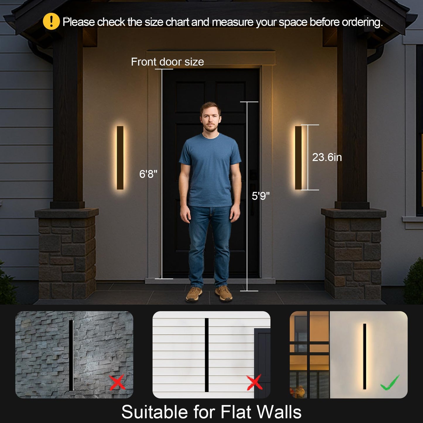 Niuzdu 23.6Inch Porch Wall Lights - Long Strip Modern Outdoor Wall Light Fixture  Dimmable Black Wall Mount Exterior Lighting Wall Sconce Outside Garage Lights For House  Courtyard  Corridor
