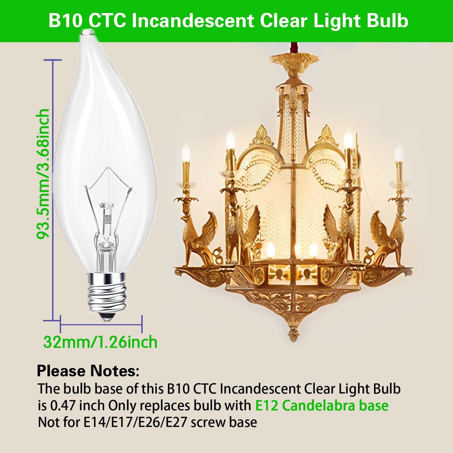 Sei  12Pc Candelabra Light Bulbs, 60W Clear E12 B10, Warm White 2700K, Dimmable, 600 Lumen, Glass