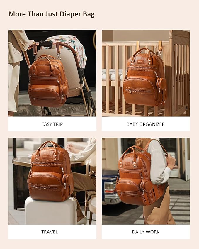 Premium Vegan Leather Diaper Bag Backpack with Waterproof Changing Pad, Reinforced Zippers & Odor-Free, 20 Pockets Pro Organizer, Fits 15.6" Laptop, Stroller Straps, Baby Bag for Mom, Brown