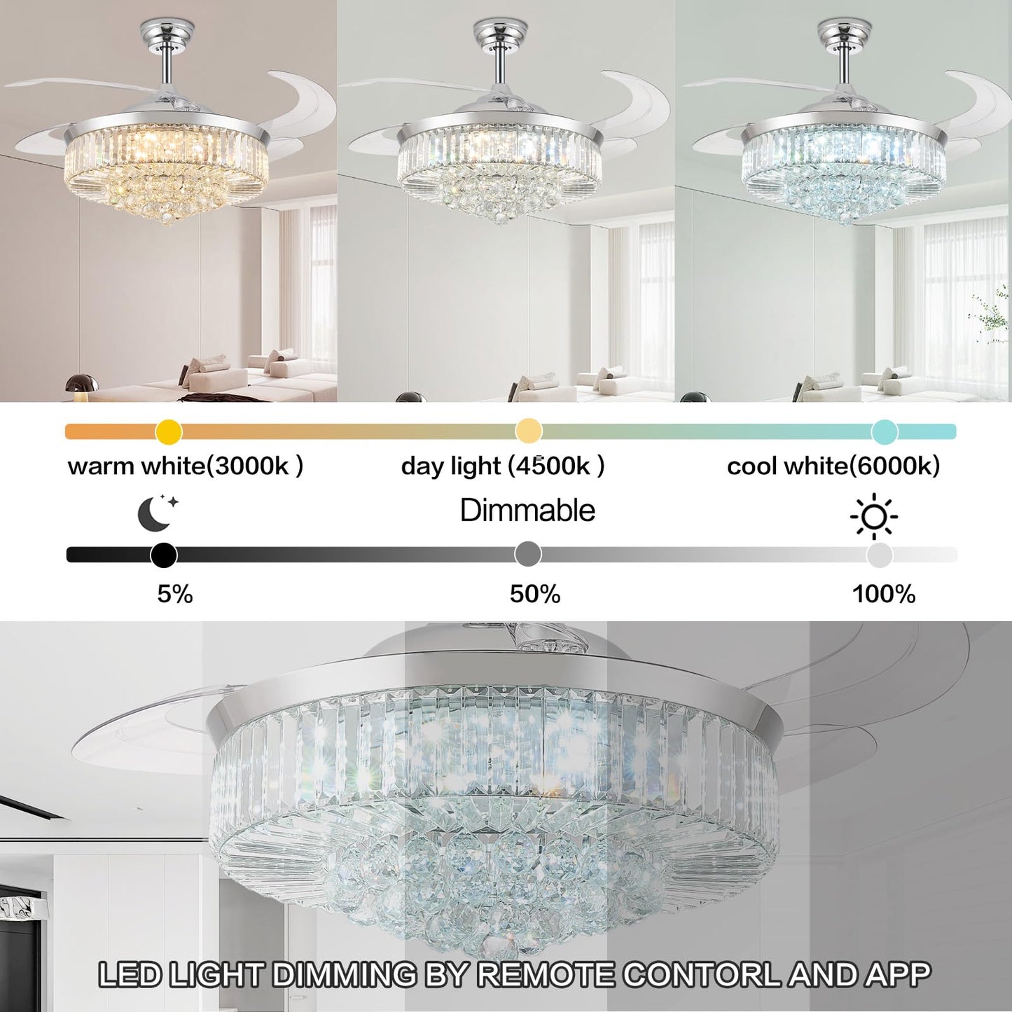Zynfandor 52    Bluetooth Ceiling Fan With Light And Speaker,Rgb Retractable Blades Crystal Fandelier Music Player Led Chandelie