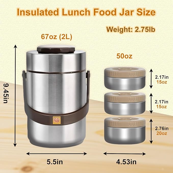 Vacuum Insulated Food Container Set with 3 Stackable Compartments - 67oz Adults Thermal Lunch Box, Leak-Proof Stainless Steel Wide Mouth Thermal Food Jar for Hot Food, Office & Outdoor