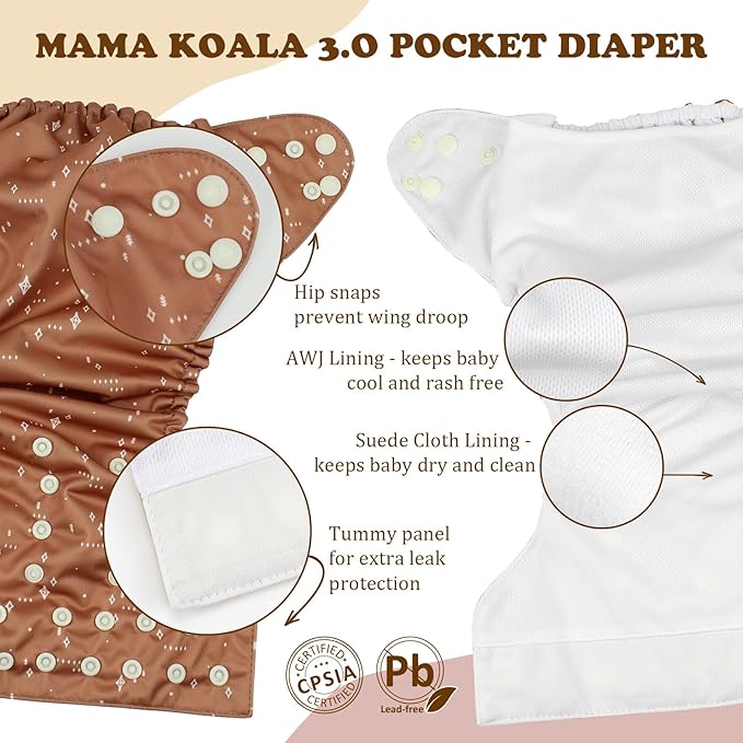 Mama Koala 3.0 Pocket Diapers for Babies with Suede Cloth Lining, 6 Pack with 6 4-Layer Natural Cloth Diaper Inserts - Reusable and Washable Pocket Diapers(S-The Gray Sky)