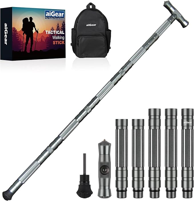 aiGear G2 Tactical Stick Hiking Walking Staff - Trekking Poles Outdoor Adjustable Hiking Stick for Camping Hiking 5 Tubes ...