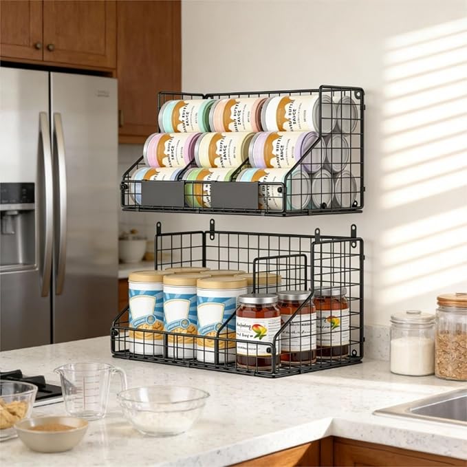 2-Tier Stackable Pantry Organizers and Storage, Can Organizer for Pantry and Soda Can Organizer, Metal Wire Rack with 4 Adjustable Dividers Holds 60+ Cans for Cabinet Countertop