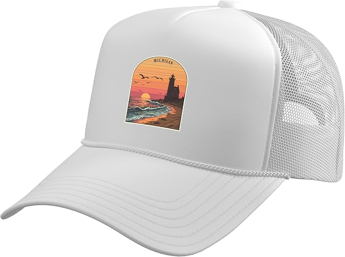 Michigan Lighthouse Sunset Waves Beach Trucker Hat with Adjustable Mesh Back