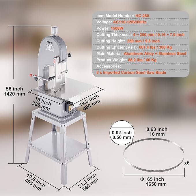 Commercial Electric Meat Bandsaw, 1500W Stainless Steel Vertical Bone Sawing Machine, Workbeach 19.3" x 15", 0.16-7.9 Inch Cutting Thickness, Frozen Meat Cutter with 6 Blades for Rib Pork Beef