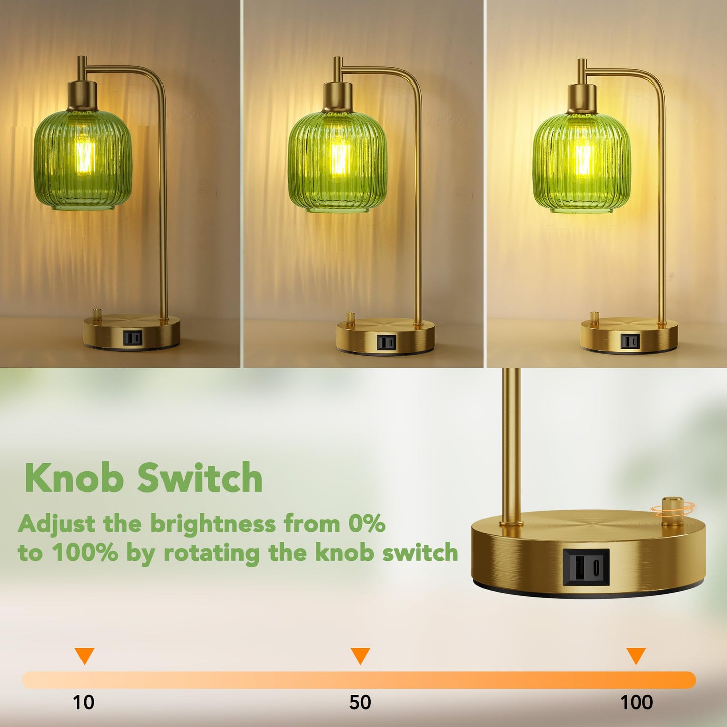 QiMH Table Lamp Set of 2, Gold & Green Glass, USB A&C Ports, Stepless Dimmable, Model STR-DL-0208, Nightstand & Office Decor