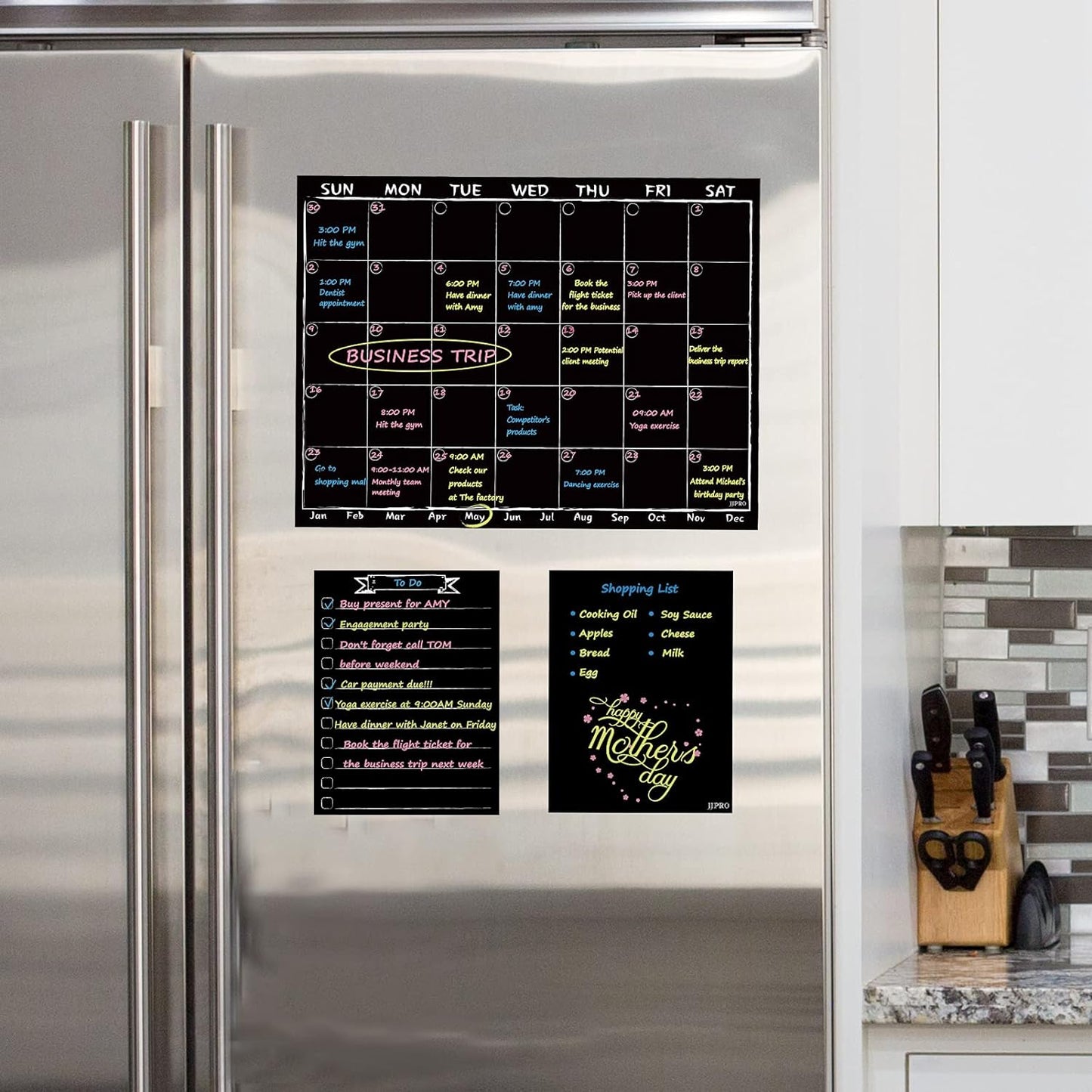 Magnetic Chalkboard Monthly Calendar with neon Bright Liquid Chalk Markers – Black Refrigerator Monthly Planning Board w/Bonus - Grocery List and Notepad for Kitchen Refrigerator