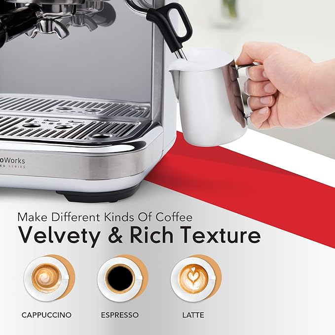 EspressoWorks Barista Pro Series Espresso Machine with Grinder, LCD Display and Steamer - Ready To Go In 60 Sec - 15-Bar Latte and Cappuccino Machine 30-Piece Bundle - Coffee Gifts (Silver)