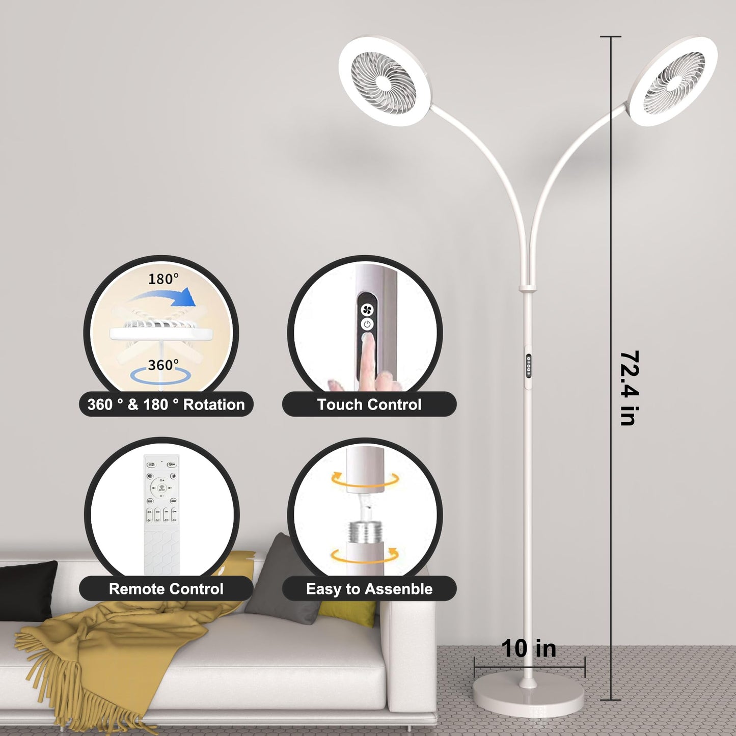 ONIDEK Floor Lamp with Fan, RGB 12W/1000lm, Stepless 3000K-6000K, Remote Control, Gooseneck, White-2, Model