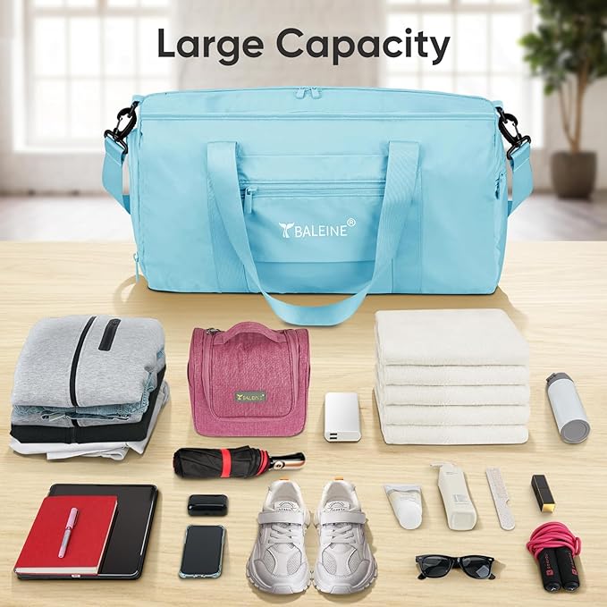 BALEINE Gym Bag for Women and Men, Duffel Bag for Sports, Gyms and Weekend Getaway, Waterproof Dufflebag with Shoe and Wet Clothes Compartments, Lightweight Carryon Gymbag (Azure)