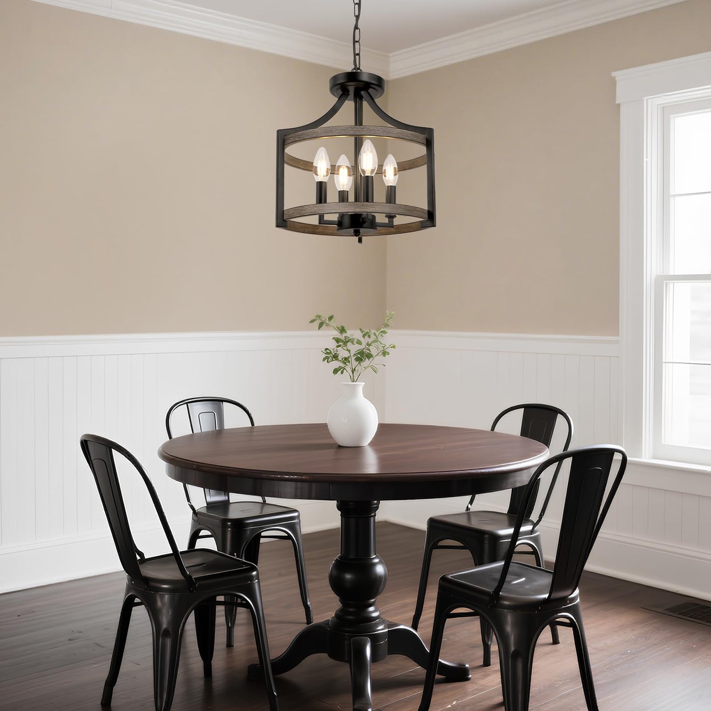 Wbindx 4-Light Farmhouse Chandelier  Rustic Metal Hanging Pendant Lighting  Convertible Semi Flush Mount Ceiling Light Fixture Faux Wood Black Chandeliers For Dining Room Kitchen Foyer Entryway