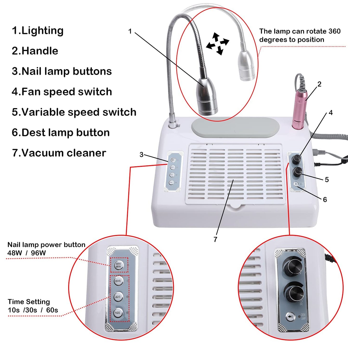 Nail Dust Collector Vacuum Multifunction Nail Art Machine,40W Nail Dust Collector for Acrylic,30000PRM Nail Drill with Bits and