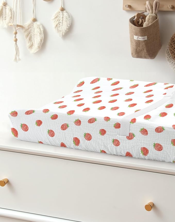 Changing Pad Cover for Baby Boy Girl 2 Pack, Muslin Changing Table Pad Covers with Boho Style, Neutral Nursery Bedding Essentials Soft and Breathable (Strawberry & Pale Pink)
