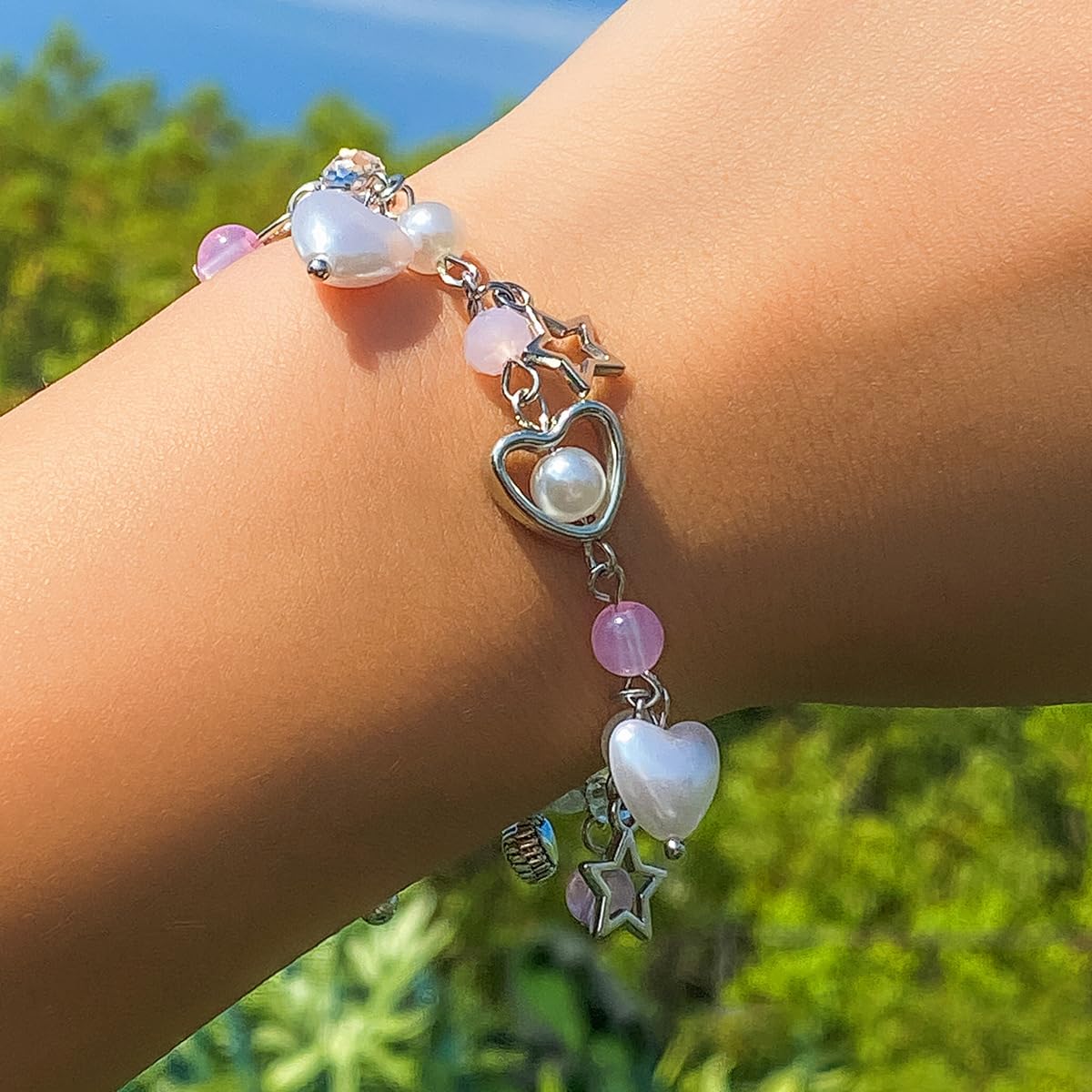 Zhang shine Y2k Bracelet Love Heart Star Beaded Chain Dainty Pendant Bracelet Gothic Punk Cool Resin For Women Adjustable Fashio