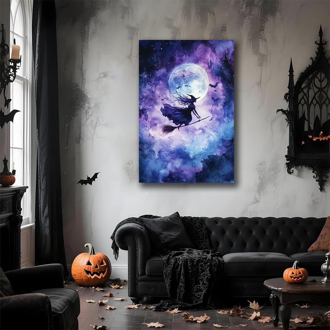 Witch On Broom Flying Wall Art,Gothic Halloween Canvas Wall Art,Victorian Witch Silhouette In Moonlight Broomstick Poster Pictures,Creepy Halloween Purple Night Sky Print,20"x30" Unframed