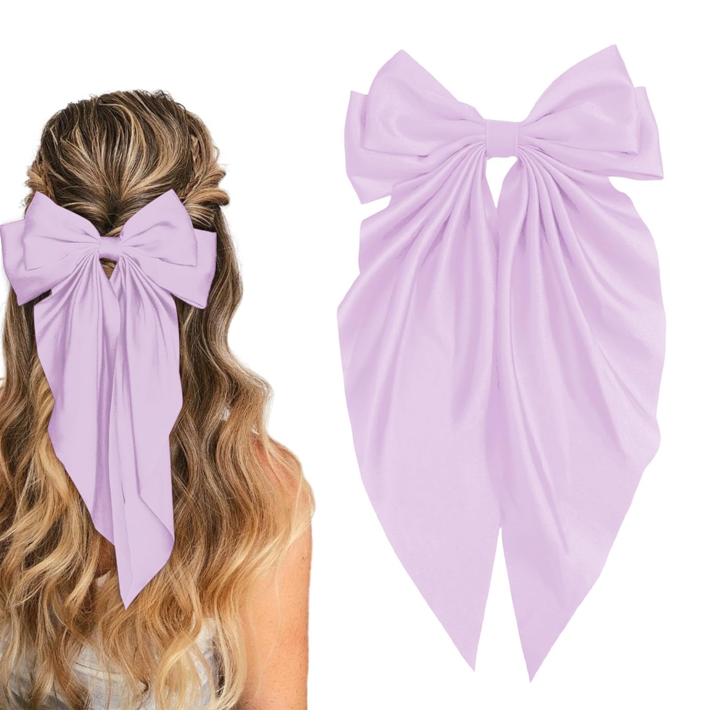 Large Bow Hair Clips with Long Tails - Ribbon Bowknot Pins Accessories for Women, Party Gifts for Girls (Purple)