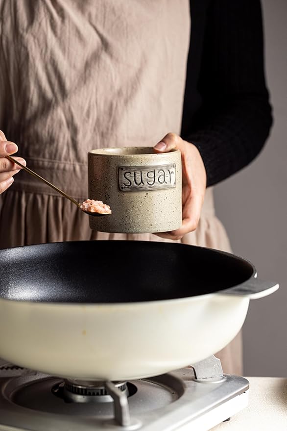 LYEOBOH 15OZ Sugar Bowl, Sugar Dish, Rustic Sugar Container with Wood Lid and Spoon for Coffee Bar, Dishwasher Safe, Stainless Steel Spoon - Farmhouse Kitchen Decor Housewarming Gift, Beige