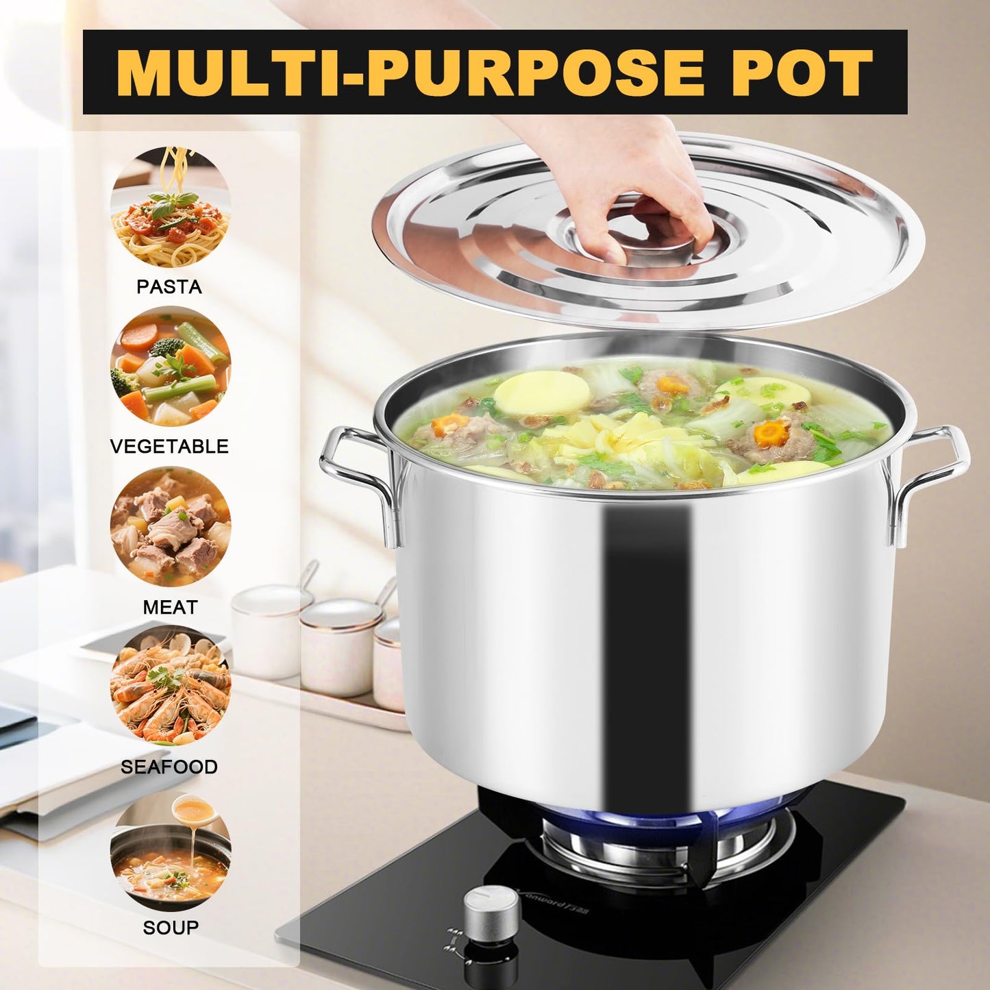 YJINGRUI Commercial Pasta Pot, 39 Quart, Stainless Steel Pasta Cooker with Insert Strainer Colander for Home Kitchen Restaurant, 5 Holes