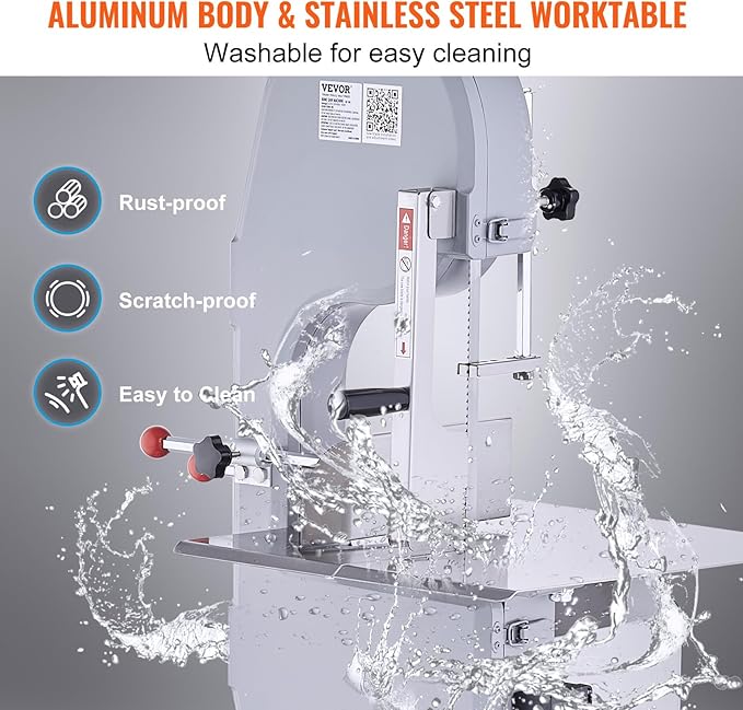 Commercial Electric Meat Bandsaw, 1500W Stainless Steel Vertical Bone Sawing Machine, Workbeach 19.3" x 15", 0.16-7.9 Inch Cutting Thickness, Frozen Meat Cutter with 6 Blades for Rib Pork Beef