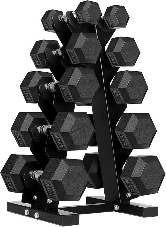 5-25LB Hex Dumbbell Set with Rack Rubber Coated Dumbbell Set with Rack 150 Pound Weight for Home Gym