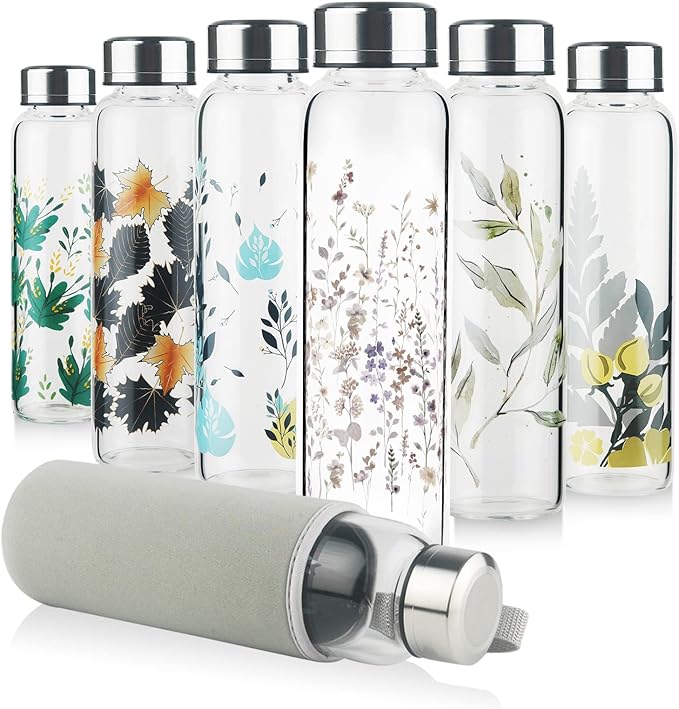 Borosilicate Glass Water Bottle, Sports Glass Drinking Bottle with Neoprene Sleeve and Stainless Steel Lid 16oz / 32oz
